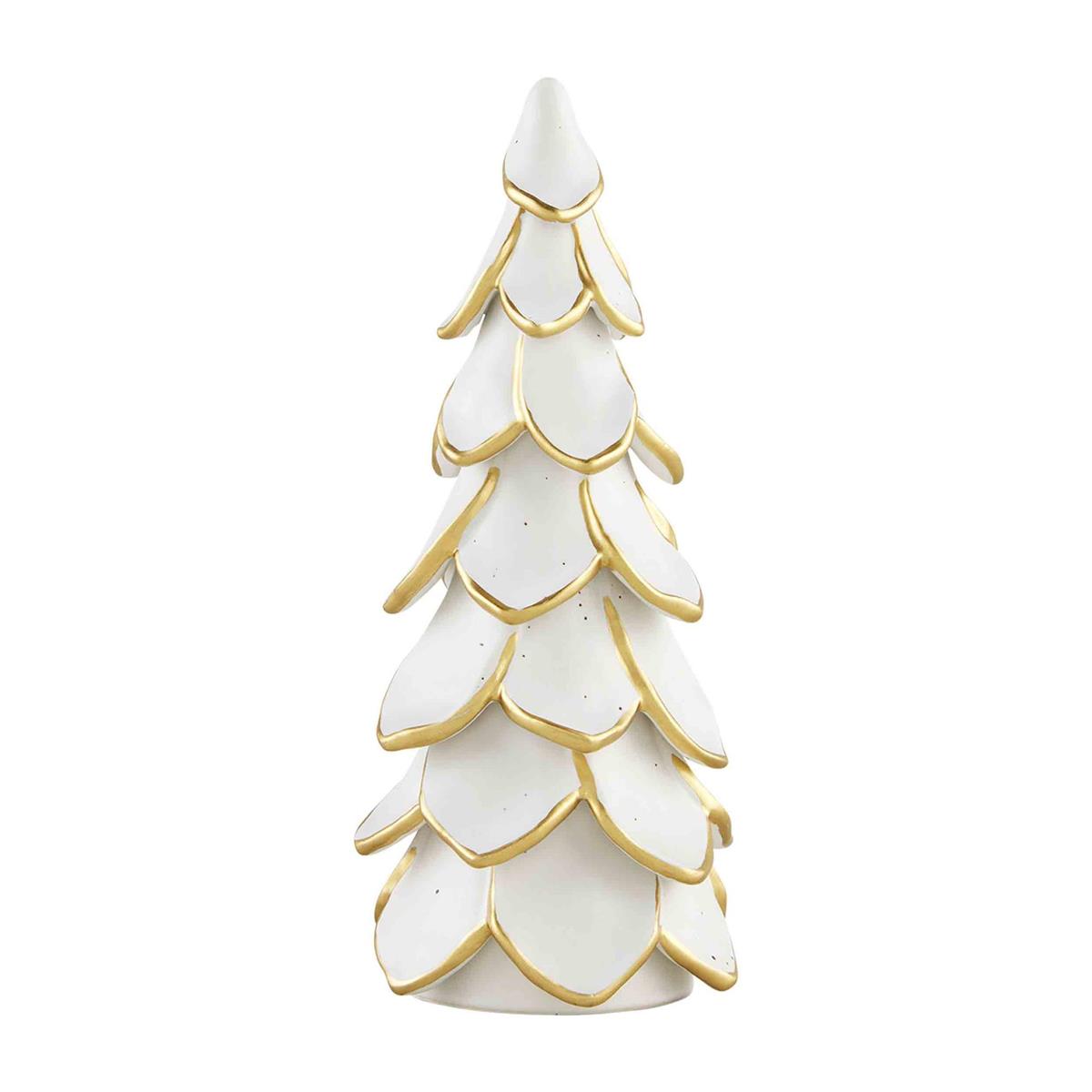 A white and gold ceramic tree-shaped ornament
