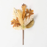 A dried floral pick featuring a variety of leaves and stems on a brown stem.