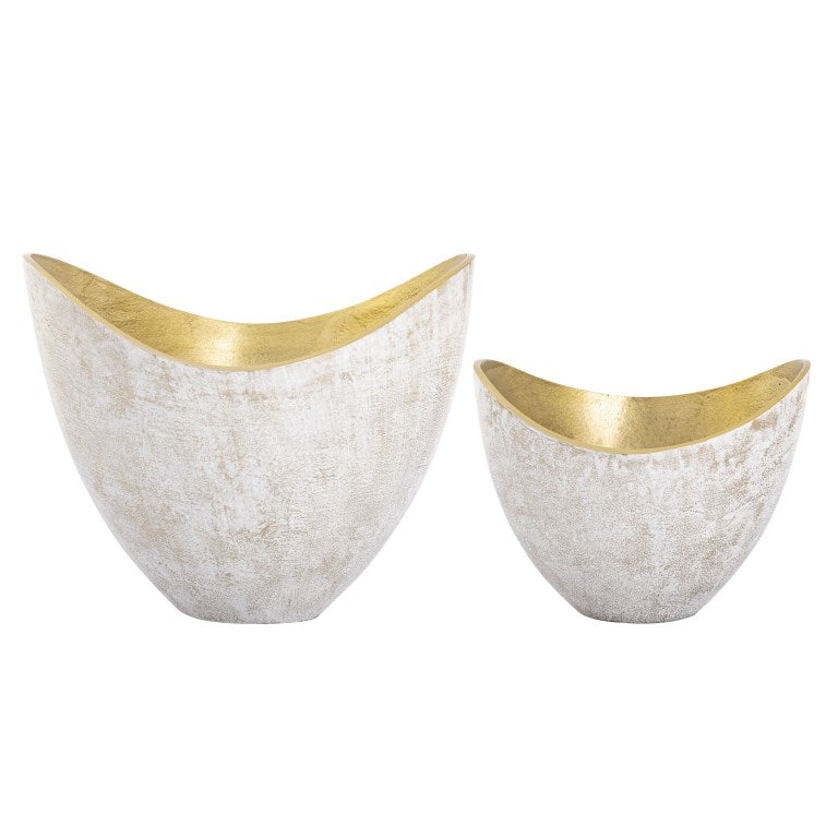 Two white decorative bowls with a gold rim, one larger than the other, against a white background.