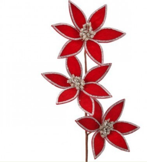 A 24-inch artificial red velvet poinsettia flower stem with jewel embellishments.