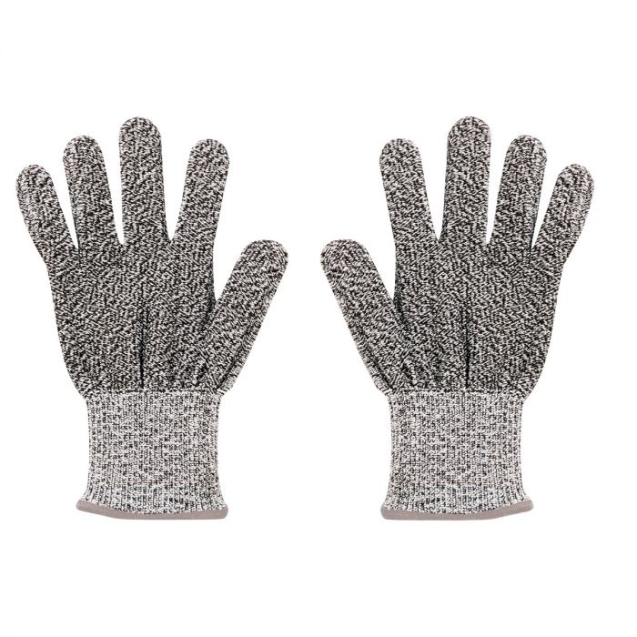 A pair of gray mesh cutting gloves for kids with a textured surface.