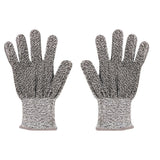 A pair of gray mesh cutting gloves for kids with a textured surface.
