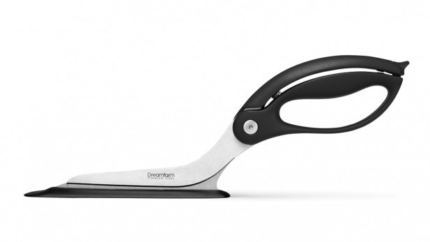 A professional-grade black and silver pizza cutter with an ergonomic handle and a sharp blade.