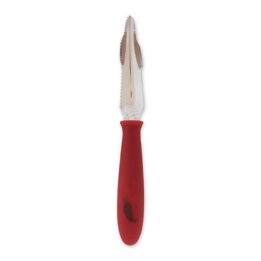 A stainless steel jalapeno corer with a red handle.