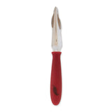 A stainless steel jalapeno corer with a red handle.