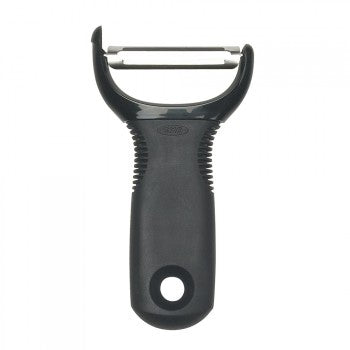A black OXO Y peeler with a metallic blade and ergonomic handle design.