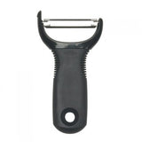 A black OXO Y peeler with a metallic blade and ergonomic handle design.