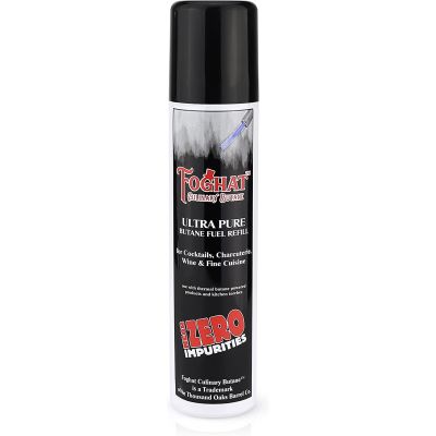 A white canister of FOGHAT Ultra Pure Culinary Butane with a black label, blue and red text, and a blue flame illustration.