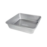 A silver square cake pan with a solid pattern and slightly raised edges.