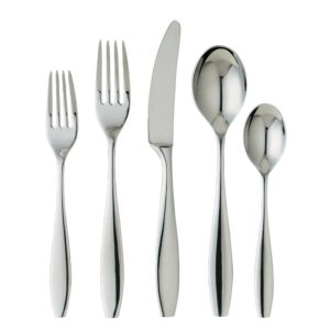 A set of silver flatware, including a dinner knife, dinner fork, soup spoon, and teaspoons.