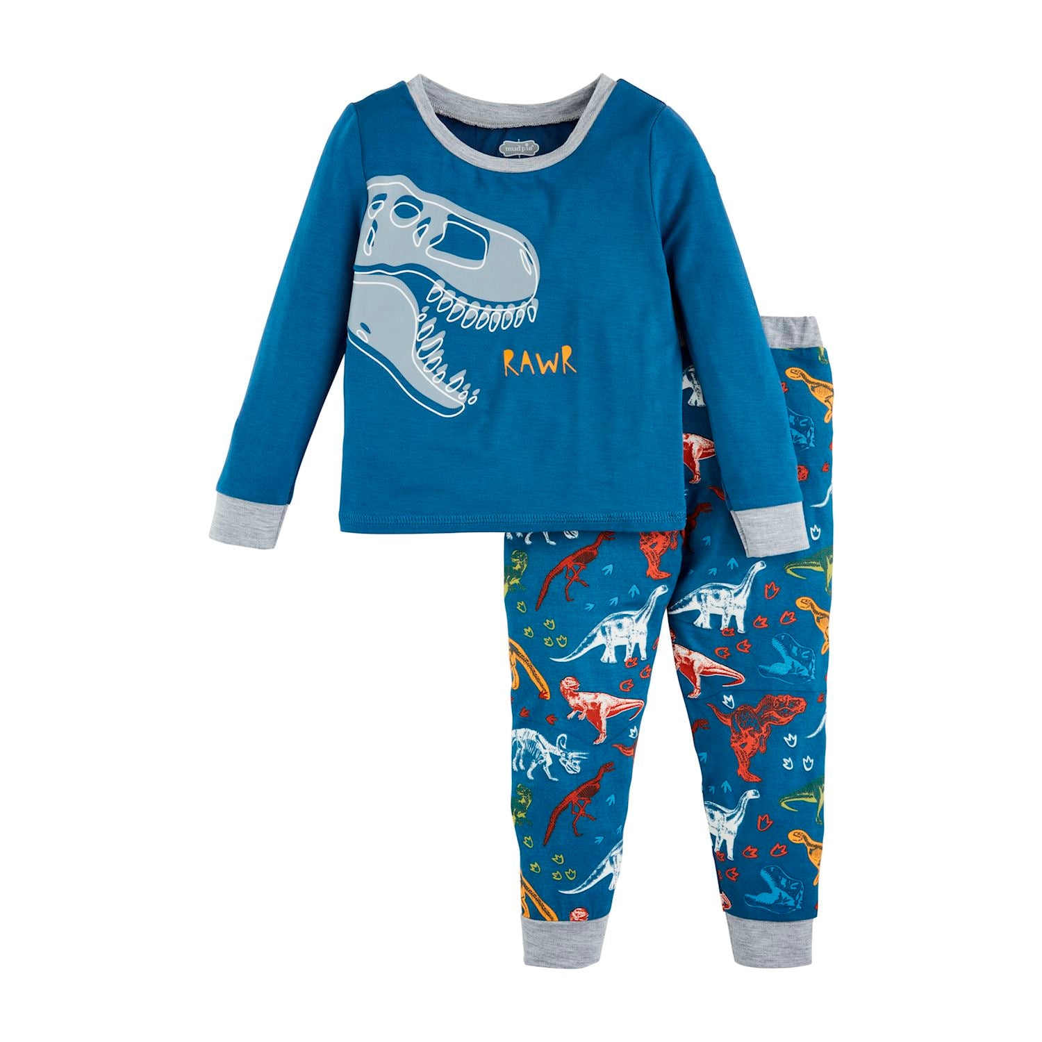 A set of children's pajamas with a dinosaur theme, featuring a blue top with a dinosaur graphic and multicolored pants with various dinosaurs printed.