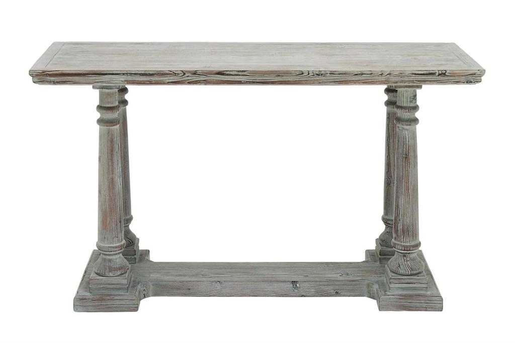 A rectangular wood console table with a gray distressed finish on the legs and a lighter gray finish on the tabletop.