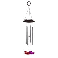 A 23.5'' Solar Windchime with silver tubes and a black solar panel on top, designed to produce sounds with the slightest breeze.
