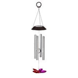 A 23.5'' Solar Windchime with silver tubes and a black solar panel on top, designed to produce sounds with the slightest breeze.
