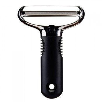 A black and silver OXO wire cheese slicer with ergonomic handle.