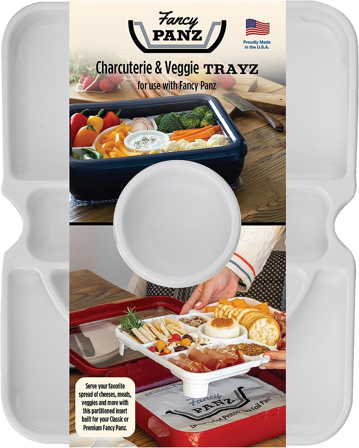 Packaging for CHARCUTERIE TRAYZ which appears to be a white serving tray with compartments for organizing food items.