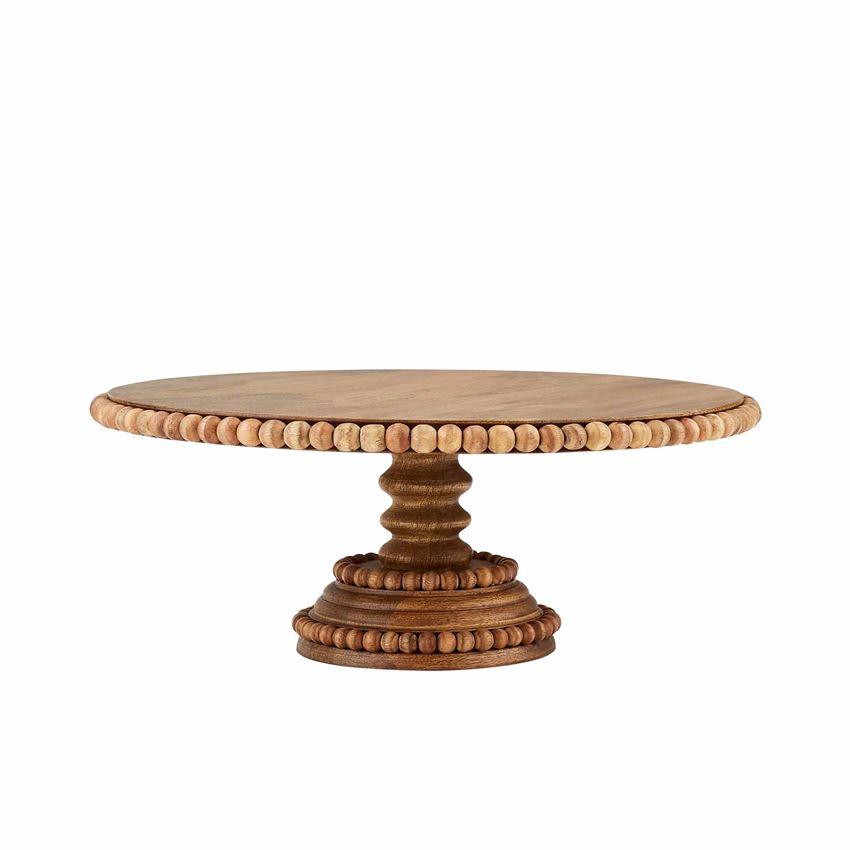 A round beaded wood pedestal tray with a flat base and a central supporting rod.