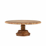 A round beaded wood pedestal tray with a flat base and a central supporting rod.