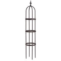 A 5-foot tall bronze garden obelisk with a trellis design, intended for use as a garden feature and support for climbing plants.