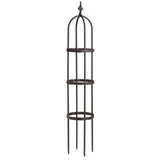 A 5-foot tall bronze garden obelisk with a trellis design, intended for use as a garden feature and support for climbing plants.