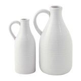 Two white ceramic vases with handles, one larger than the other, against a white background.