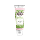 A tube of MD HAND CREAM 1 OZ with a green and pink label, featuring organic ingredients and a sparkling citrus scent with rosemary, raspberry, and a hint of musk.