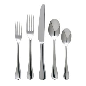 A set of silver flatware, including a dinner knife, dinner fork, soup spoon, and teaspoons.
