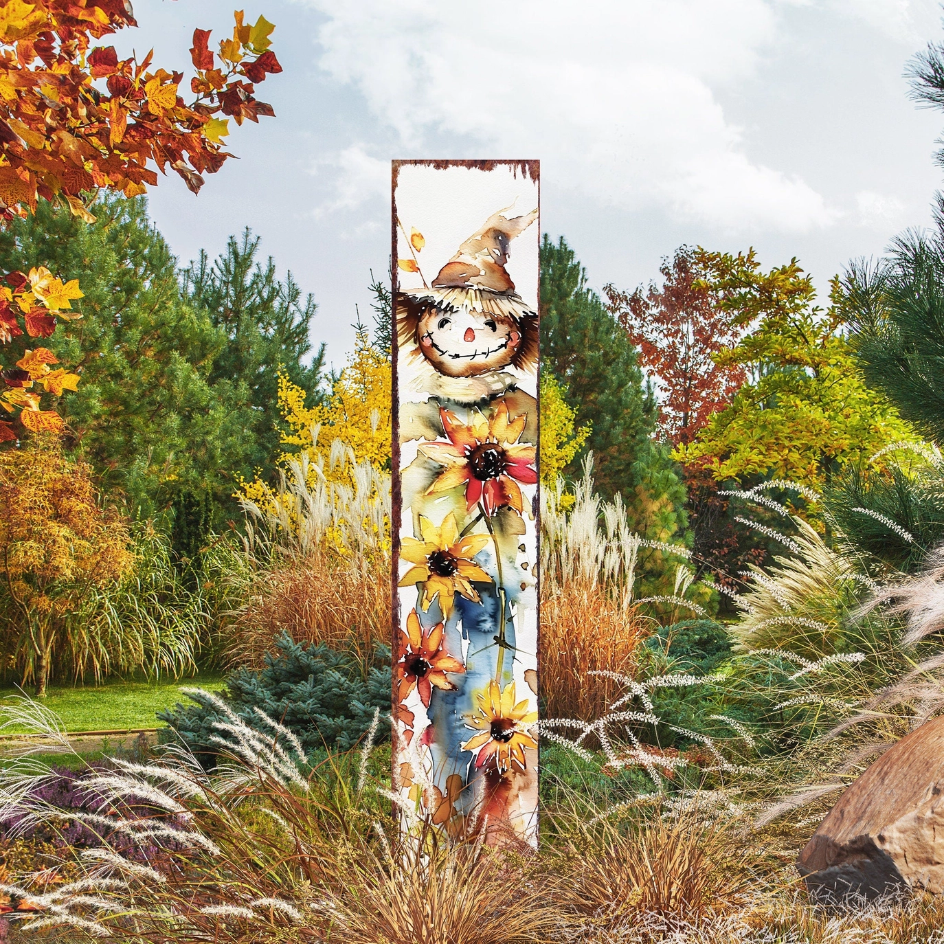 A decorative garden stake featuring a fall-themed design with a scarecrow, sunflowers, and other autumn elements, placed in a garden setting with colorful leaves and plants in the background.