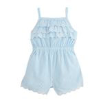 A blue striped eyelet romper for kids.