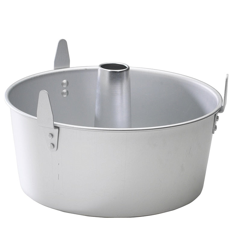 A 2 piece angel food pan with a metal handle and a lid.
