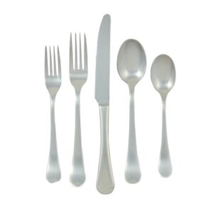 A set of silver flatware, including a dinner knife, dinner fork, soup spoon, and teaspoons.
