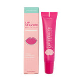 Pink lip balm tube and packaging with 'Lip Service' text on a white background