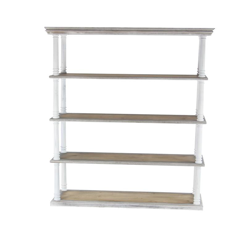 A three-tiered white wall shelf with wood elements, designed for storage and display.