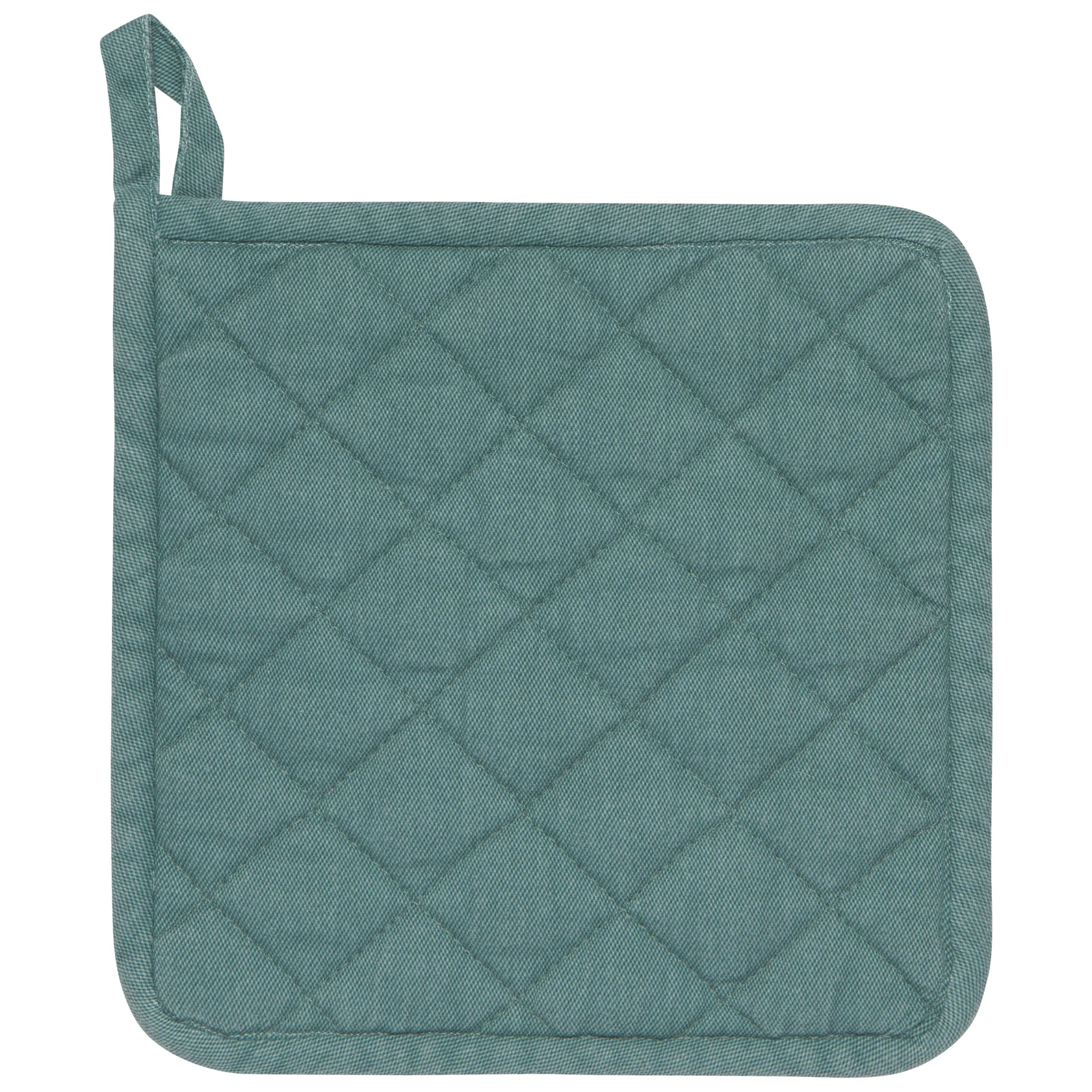 A blue oven mitt with a stonewashed pattern.