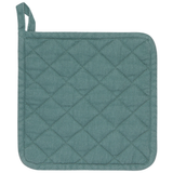 A blue oven mitt with a stonewashed pattern.