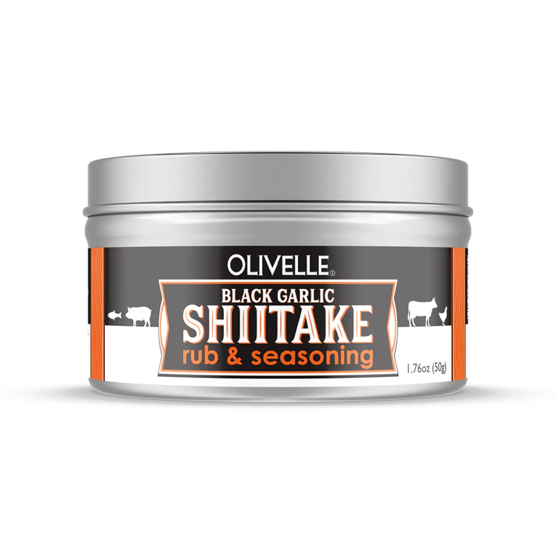 A container of Olivelle Black Garlic Shiitake Rub & Seasoning, with branding and product information displayed on the label.