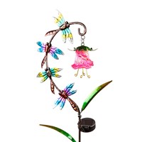 A solar-powered garden stake with a metal structure, featuring colorful dragonfly decorations, leading up to a small solar panel at the top.