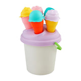 A set of colorful beach toys designed to look like ice cream popsicles and scoops, placed in a white bucket with a green handle.