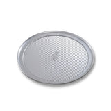 A round, silver-colored pizza pan with a textured surface and a visible brand logo in the center.