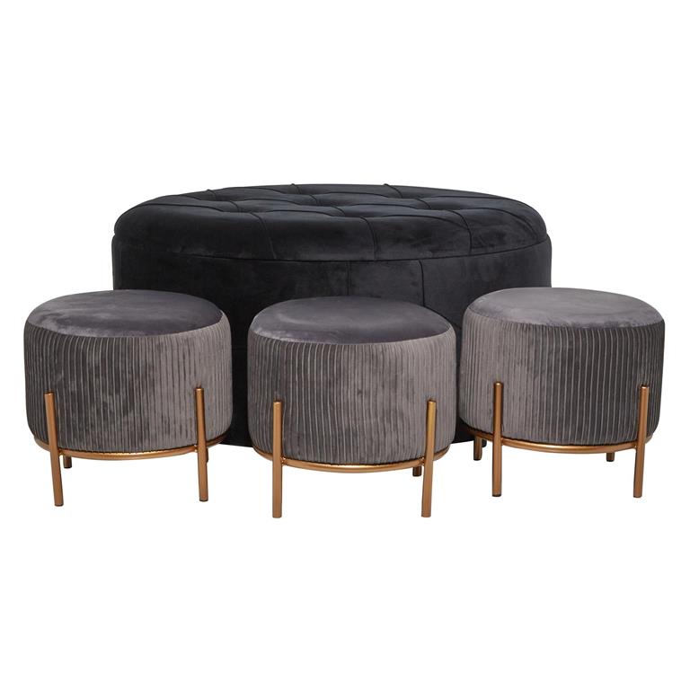 A round velvet storage ottoman with multiple cushions, featuring a wooden frame.