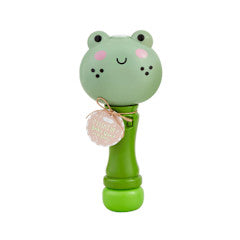 A green bubble maker with a flower design on top, intended for creating bubbles at parties.