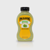 A bottle of Pilsudski Wasabi Mustard with a yellow label, displaying the product name and the image of wasabi leaves.