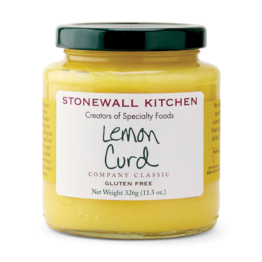 A jar of Stonewall Kitchen Lemon Curd with the label showing the product name and the fact that it is gluten-free.