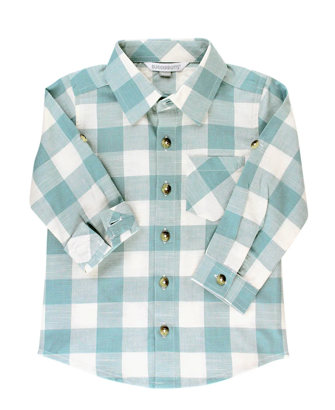 Antique blue plaid button shirt with collar and buttons visible, displayed on a hanger.