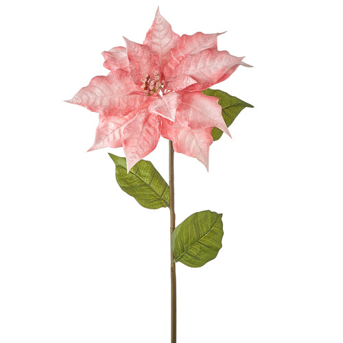 A 31-inch tall artificial pink poinsettia flower with green leaves on a stem, designed for home decoration.