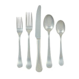 A 20 piece Ginkgo Bergen flatware set, including dinner knives, dinner forks, salad forks, soup spoons, and teaspoons, all in a silver color.