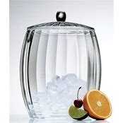 A clear ice bucket with a lid, containing ice cubes and accompanied by fruits on a white background.
