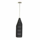 A black battery-powered milk frother made of stainless steel with a whisk attachment, designed to stand on a countertop.