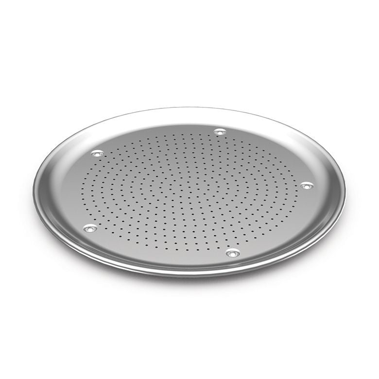 A silver-colored pizza crisper with a perforated pattern and three small holes at the center for ventilation.
