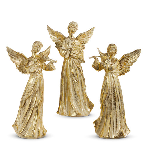 A set of three golden angel figurines with intricate details, designed for holiday display.